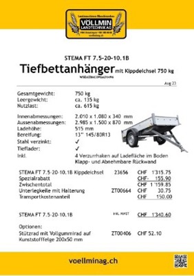 Autoanhänger Stema Tiefbett mit Kippdeichsel